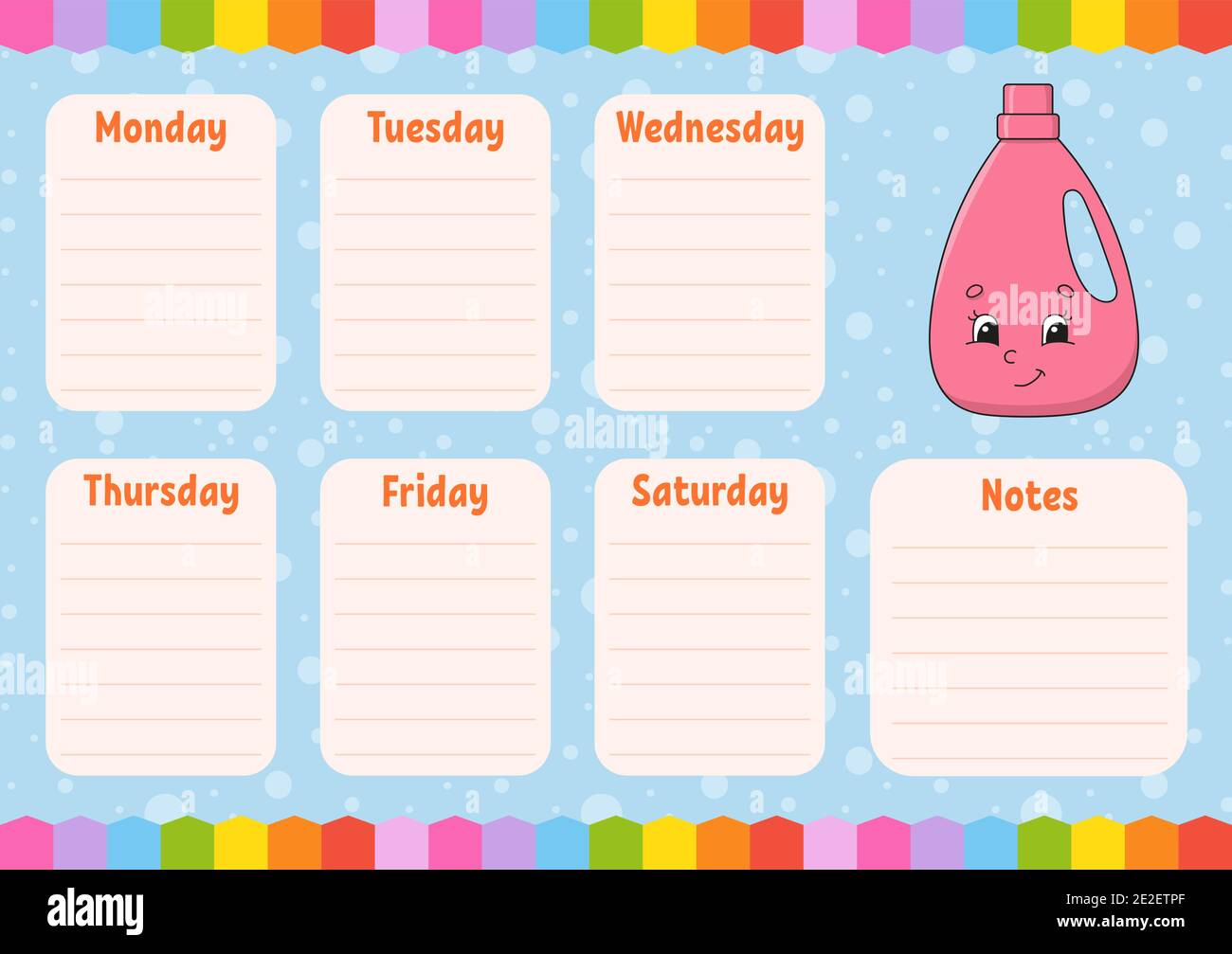 School schedule. Timetable for schoolboys. Empty template. Weekly planer with notes. Isolated color vector illustration. Cartoon character. Stock Vector
