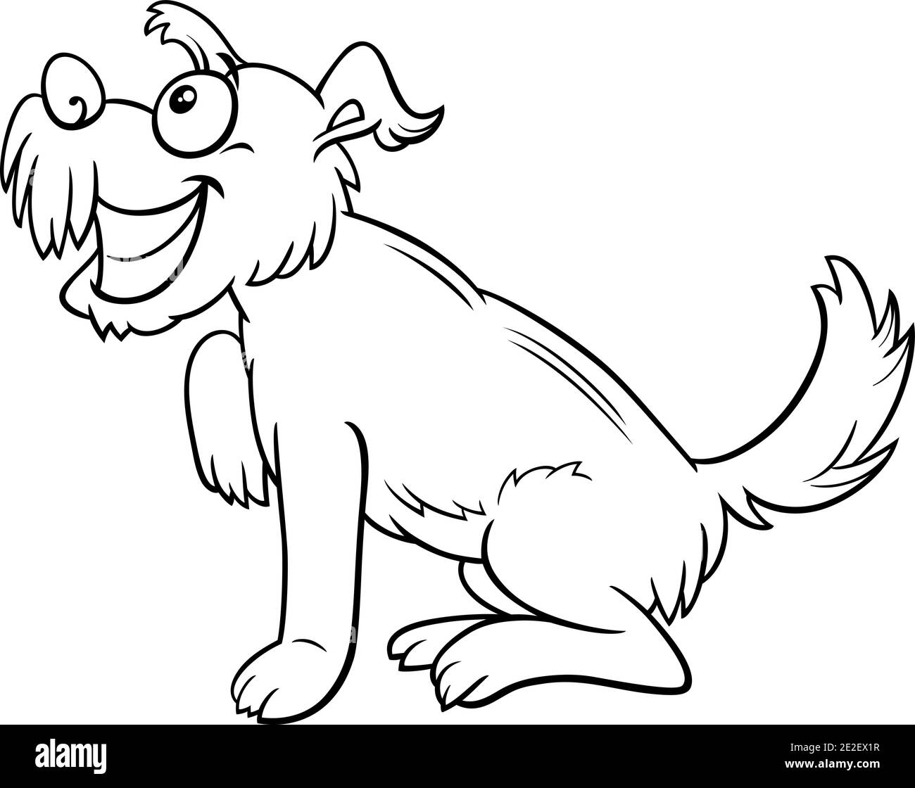 Black and white cartoon illustration of funny shaggy dog comic animal