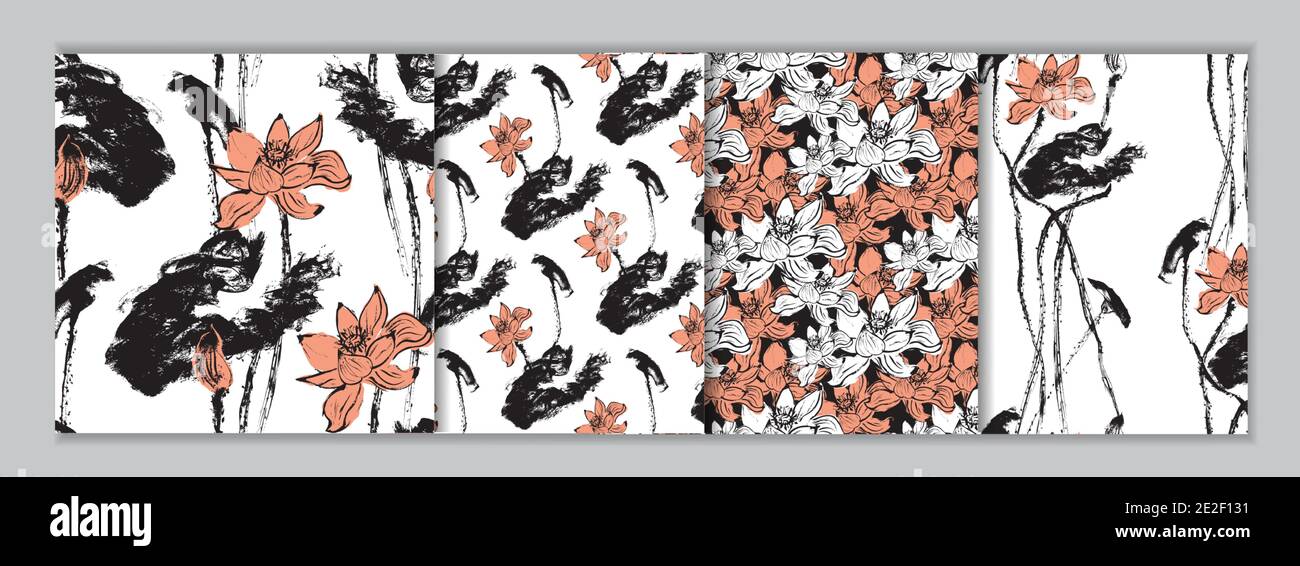 Seamless patterns set with asian style ink lotus flowers in black and pink colors. Repeat patterns with minimalistic sumi-e floral pattern. White Stock Vector