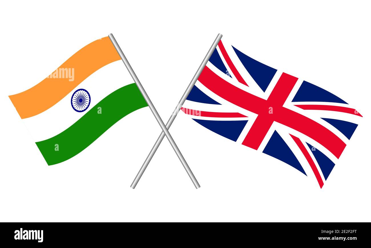 Crossed flags of India and United Kingdom. Vector illustration, india and union jack proportional and in original color Stock Vector