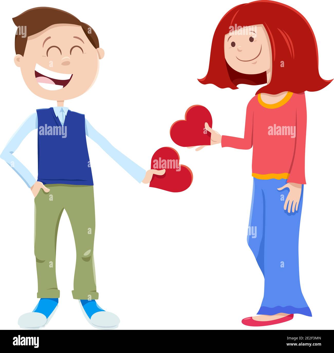 Greeting card cartoon illustration with girl and boy characters with ...