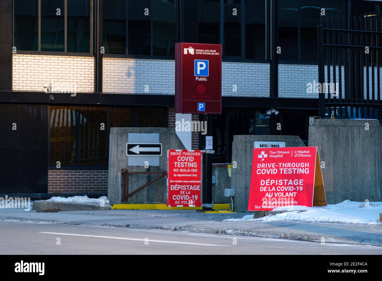 Ottawa, Ontario, Canada - January 8, 2021: The Albert Street entrance to the National Arts Centre (NAC) parking garage, where The Ottawa Hospital is c Stock Photo