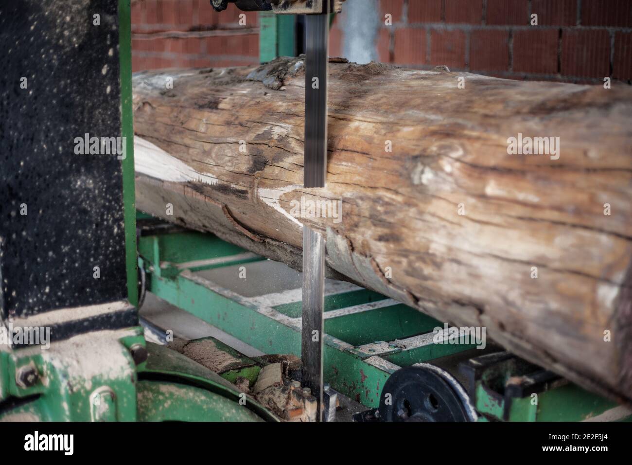 Industrial machine is cutting a huge thick log with.a sharp saw Stock ...