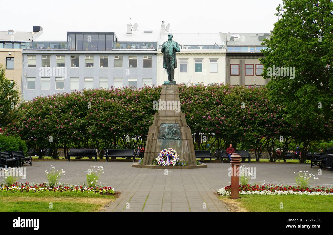 Reykjavik, Iceland - June 20, 2019 - Jon Sigurdsson statue near Austurvöllur park in the city during the summer Stock Photo