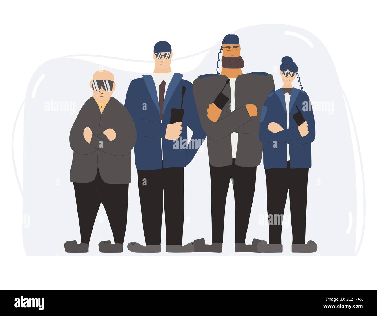 Security guards team standing with arms crossed. Men and woman wearing in a guards uniform and sun glasses isolated on white background. Vector illust Stock Vector