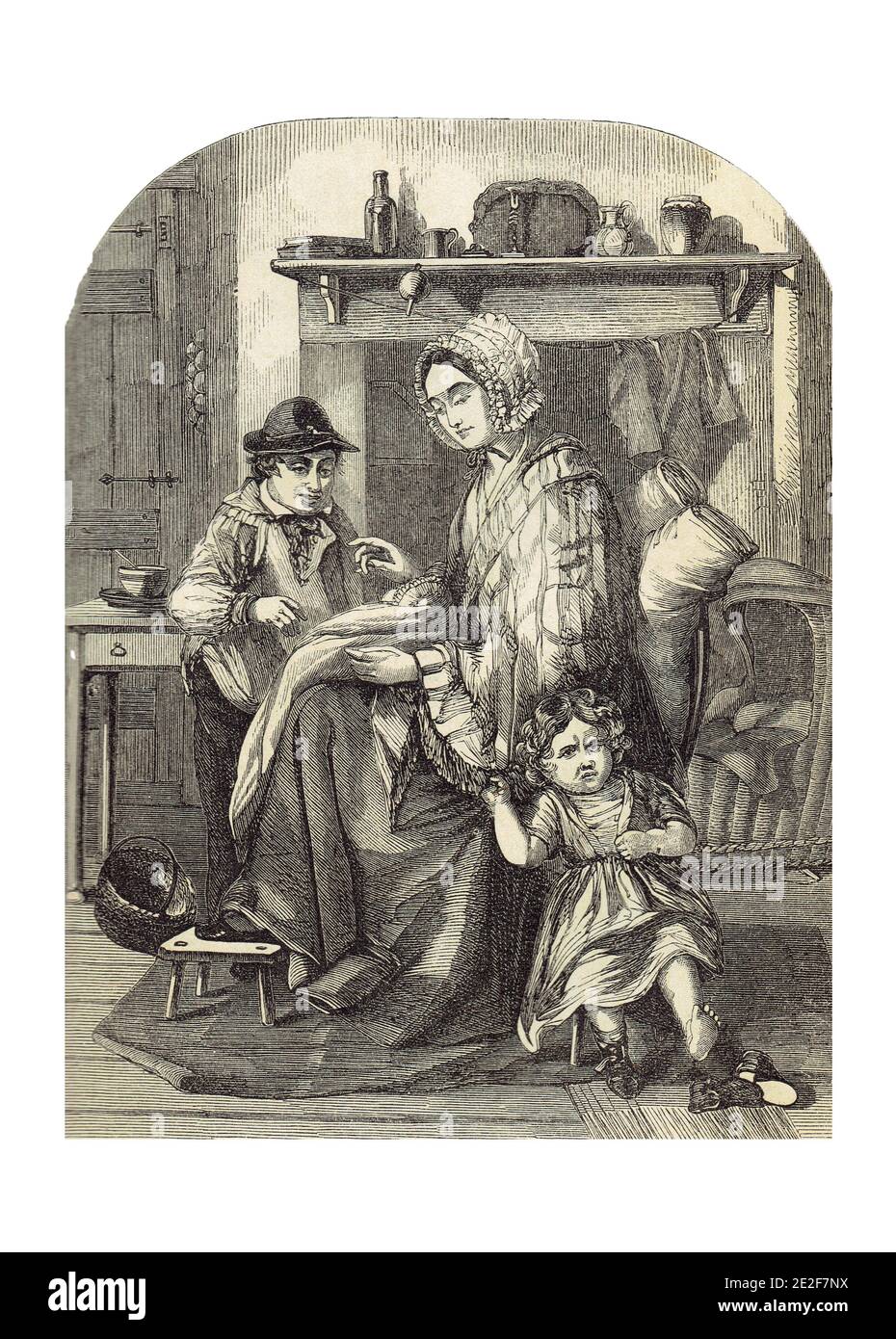 Vertical shot of a housewife with children from a Victorian era fashion magazine Stock Photo