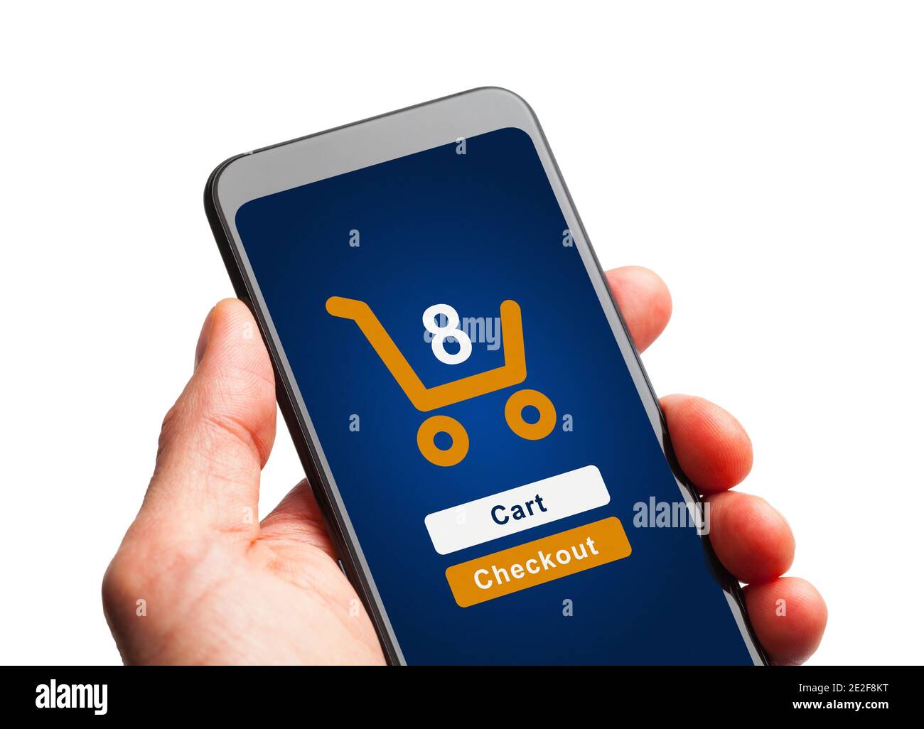 Hand Holding Smart Phone with Shopping Cart Checkout and Items in Basket. Stock Photo