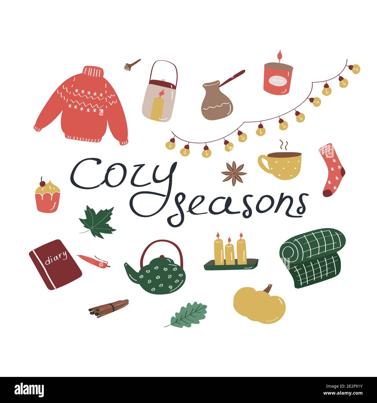 Cozy seasons. Set of hygge icons and handwritten lettering. Cute elements for posters, cards