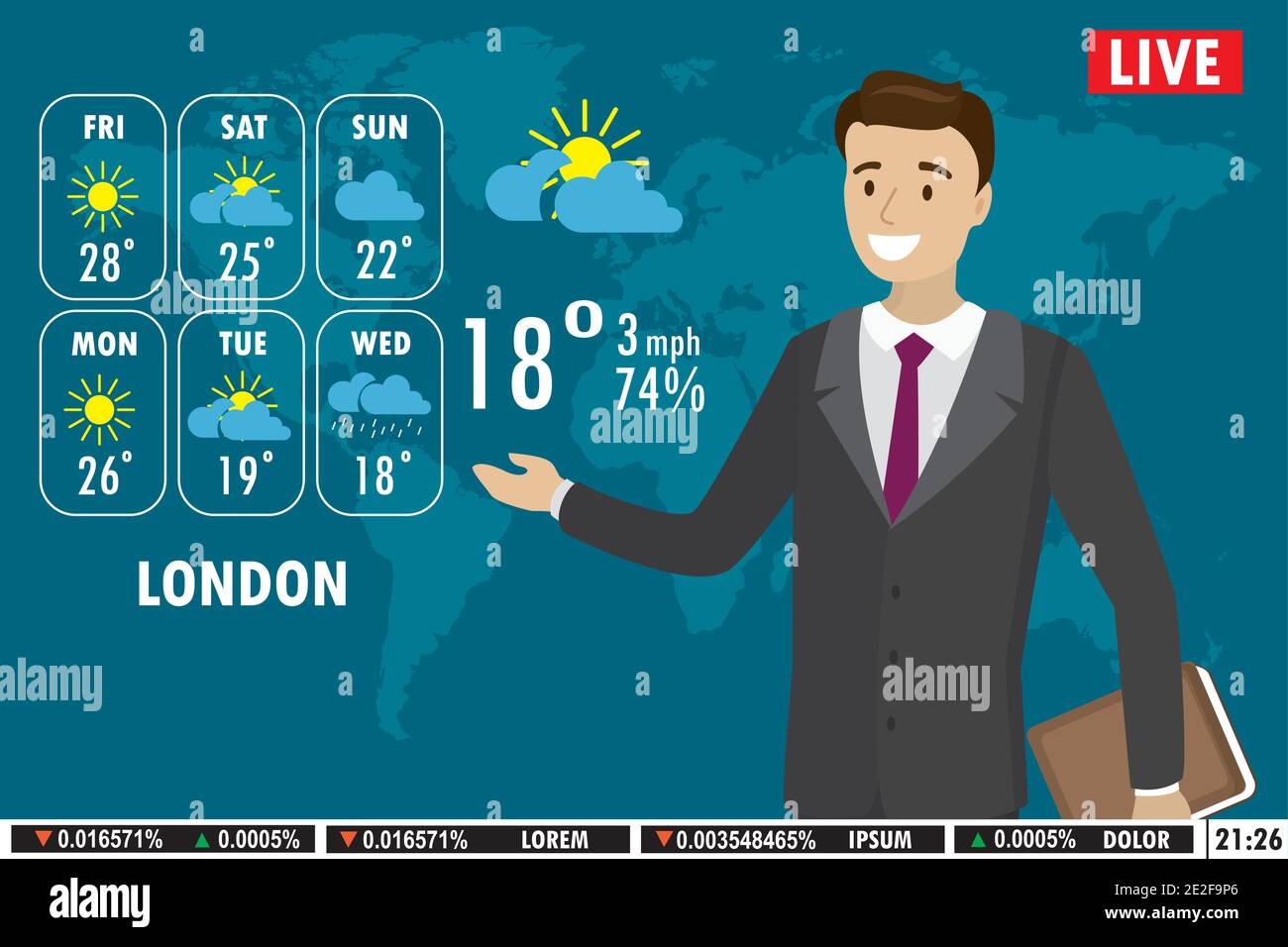 European male news anchor tells weather forecast on tv,flat vector illustration Stock Vector