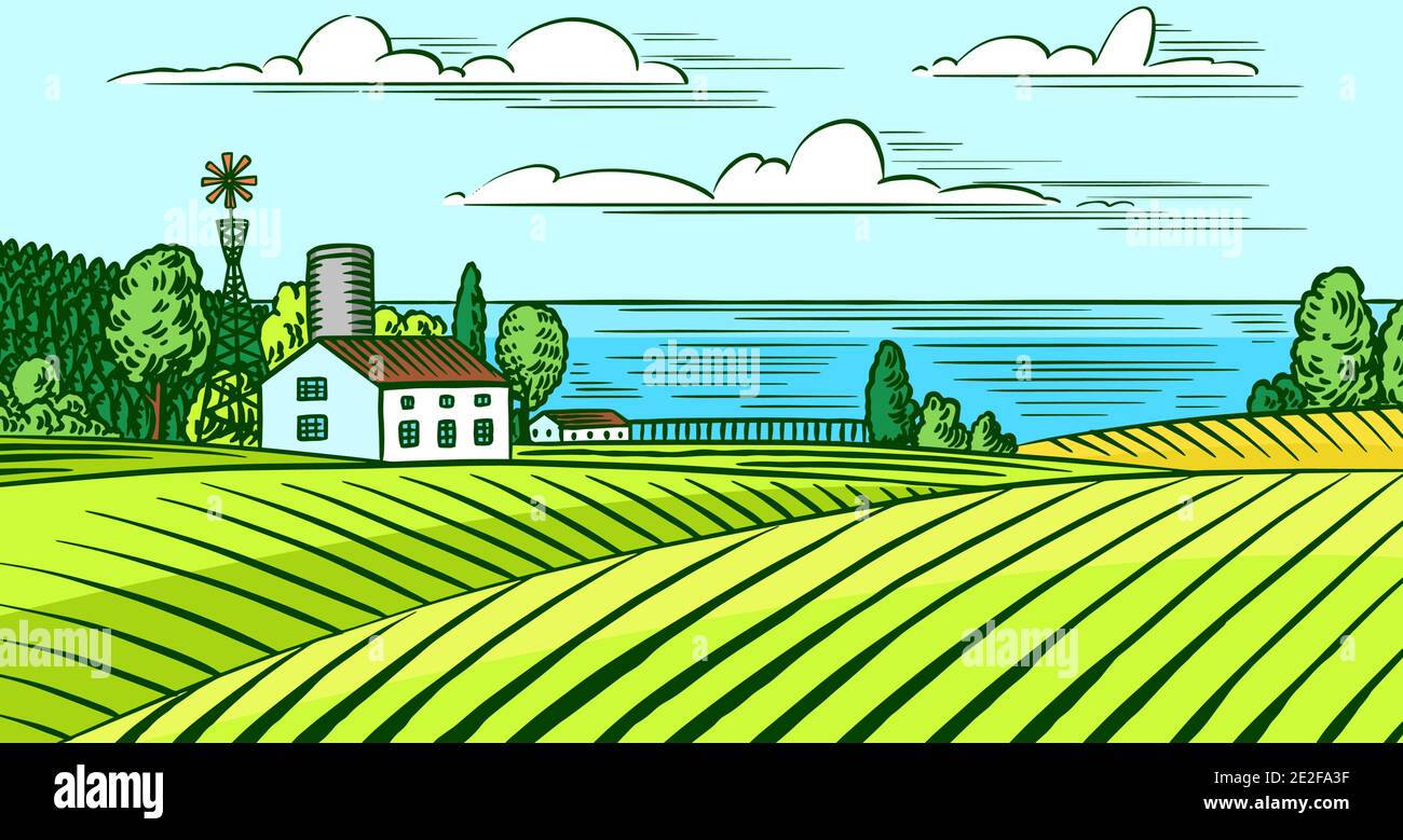 Rural meadow. A village landscape with hills and a farm. Sunny scenic ...