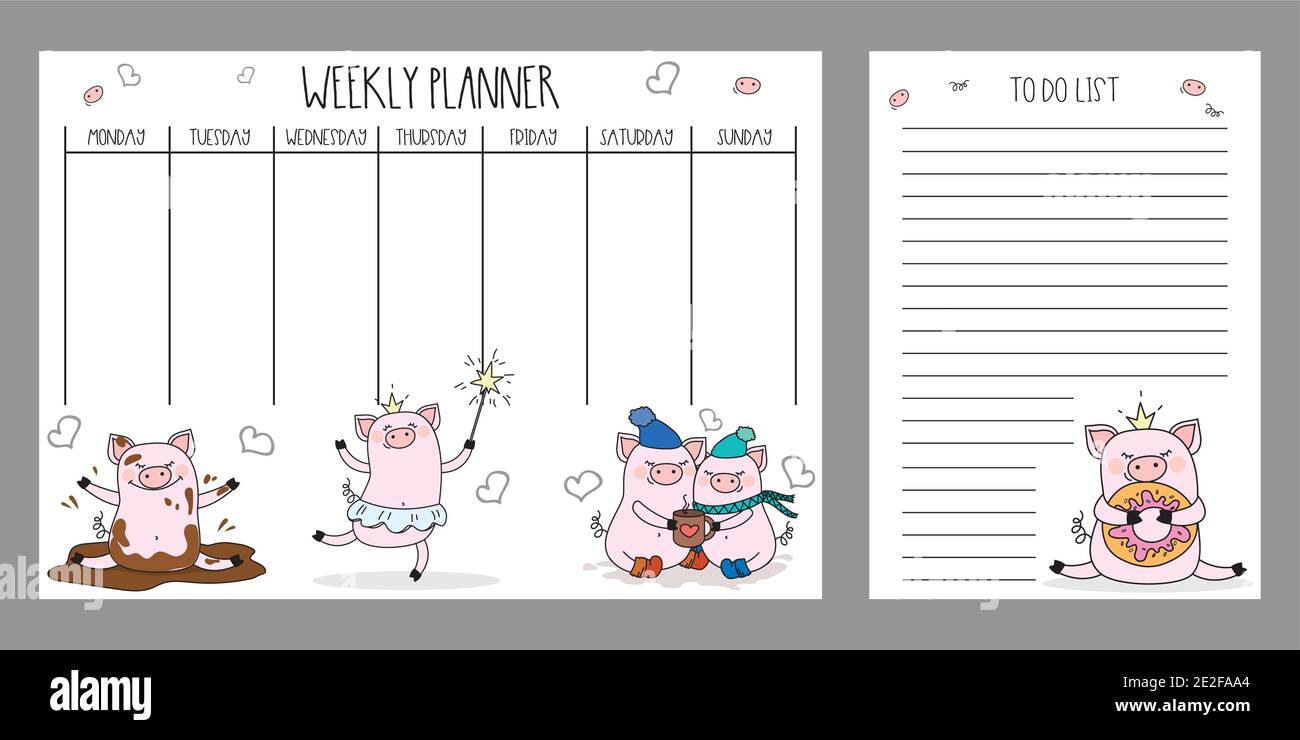 Weekly planner and to do list with cute pigs adorable farm animals template page doodle hand 