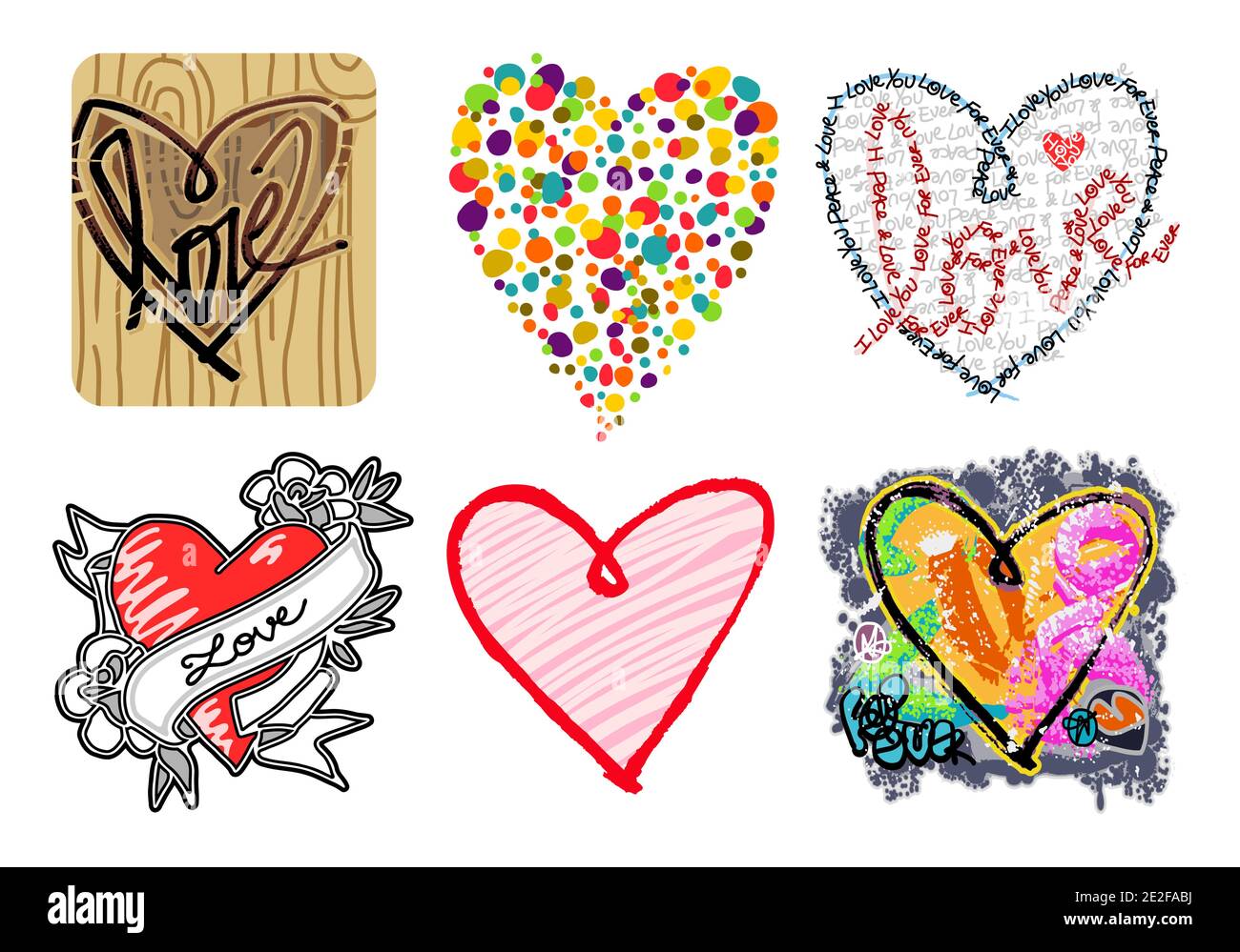 Six Hand drawn different Graphic Style colored Hearts - set 1 Stock Vector