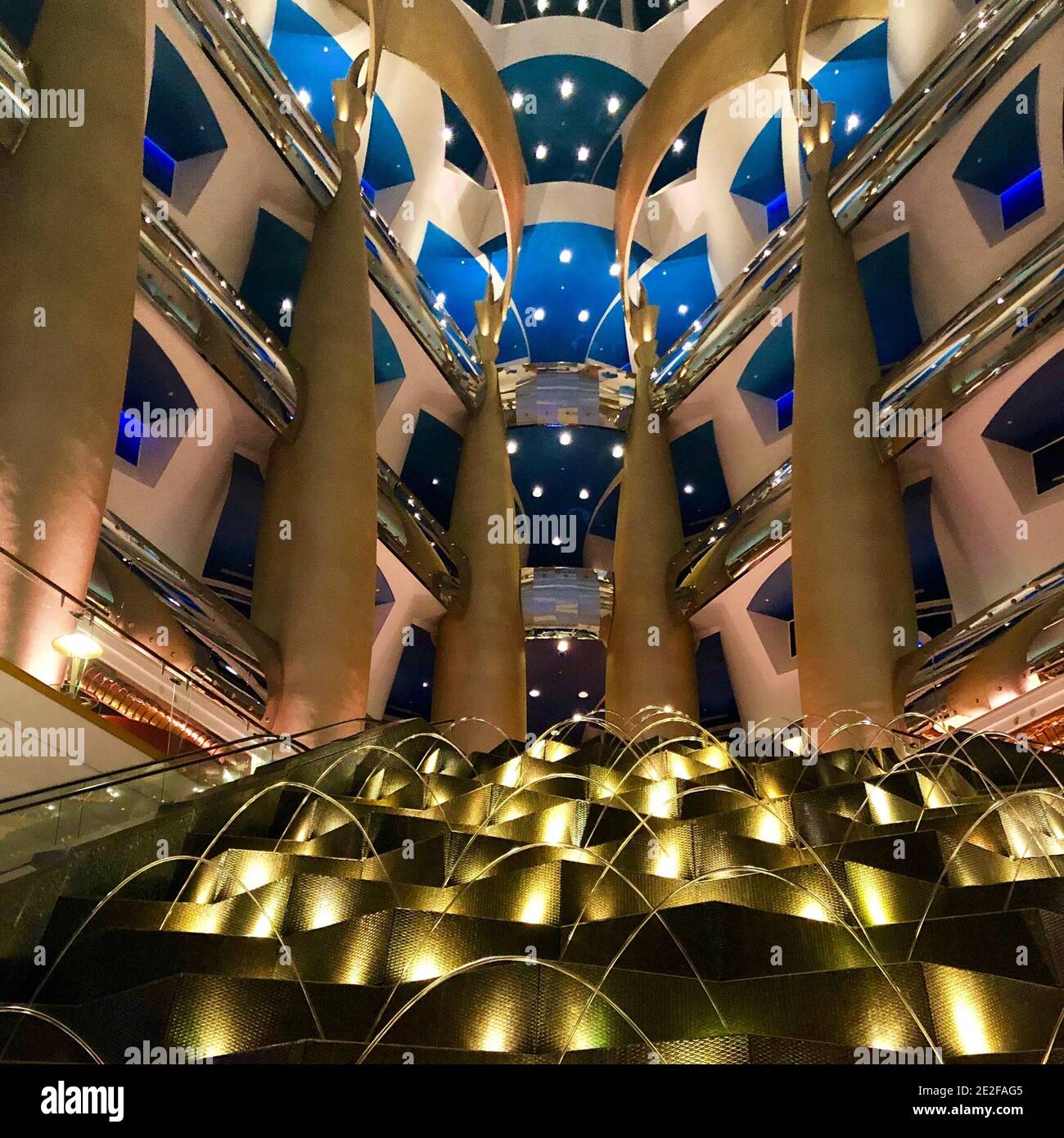 DUBAI, UNITED ARAB EMIRATES - May 03, 2019: View of the interior lobby of the Burj Al Arab Hotel in Dubai, United Arab Emirates. Stock Photo