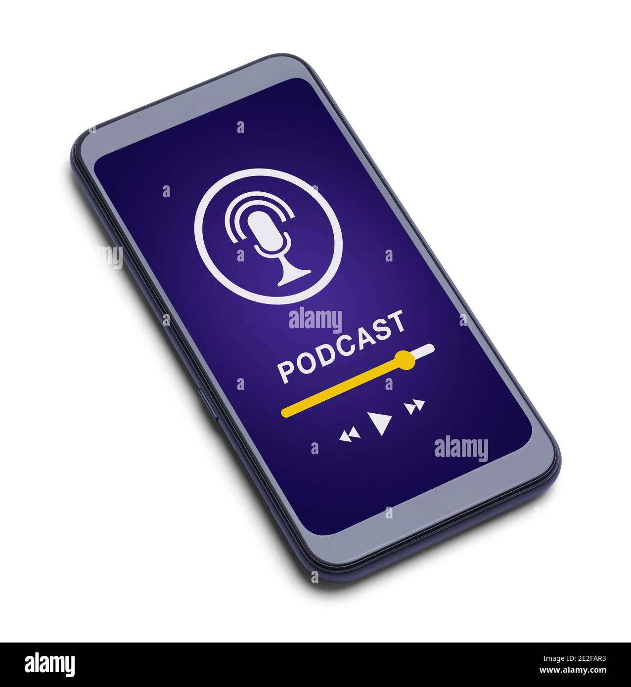 Smart Phone with Podcast Playing in Open App Cut Out on White. Stock Photo