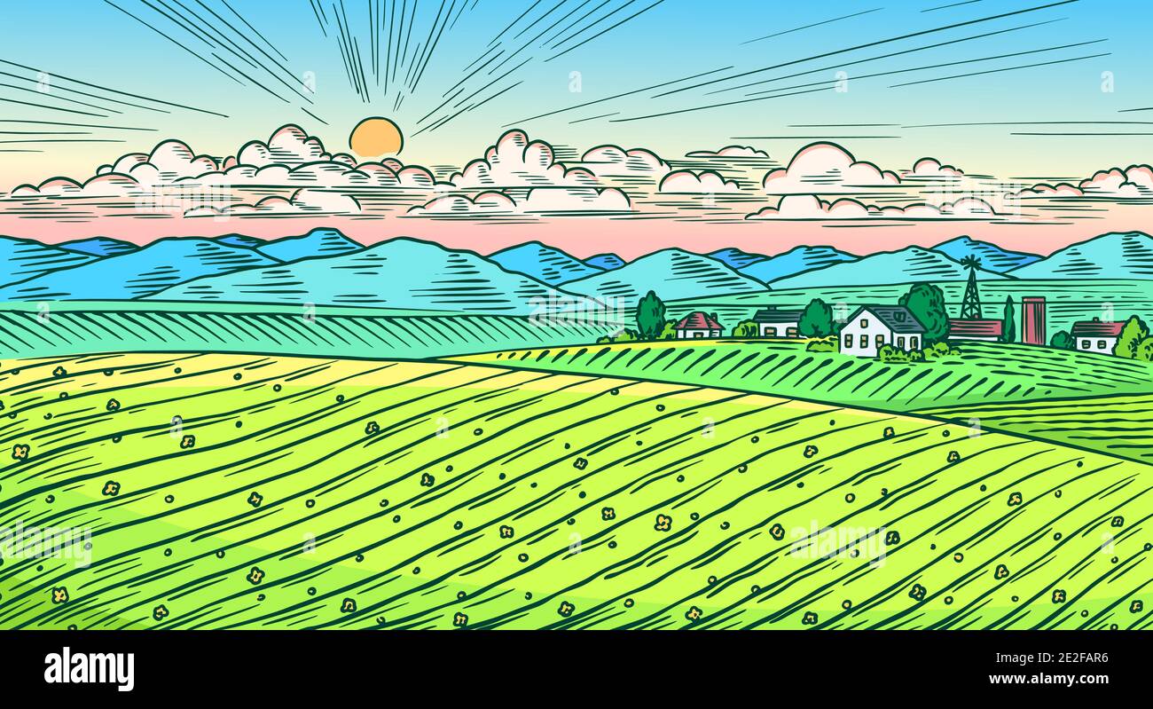 Rural meadow. A village landscape with hills and a farm. Sunny scenic ...