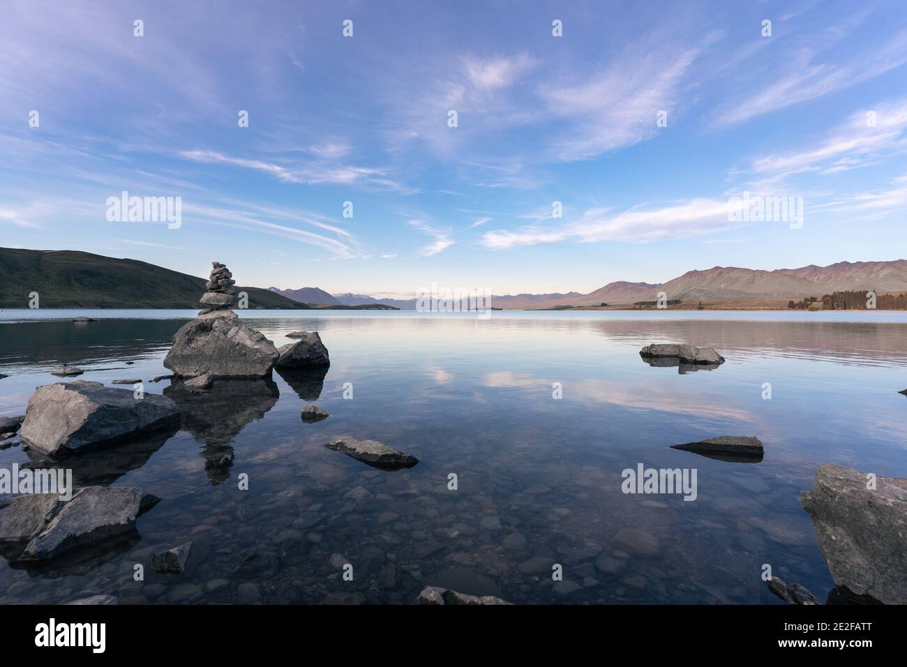 Peaceful landscape of Lake Tekapo in the South Island of New Zealand. Canterbury Region Stock Photo