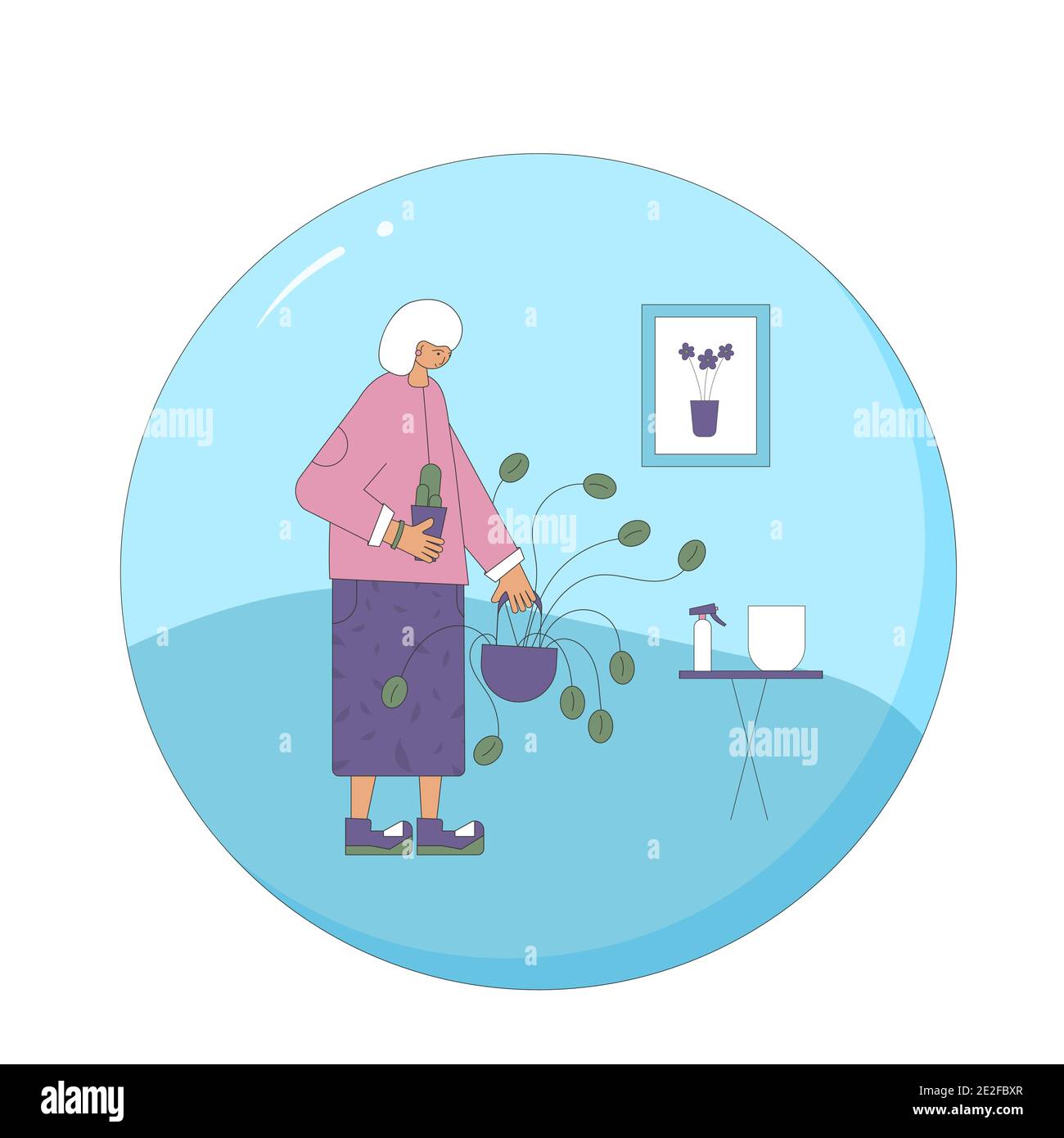 Indoor plants lover. Mature female person wearing in casual clothes holding in hands potted flowers. Senior woman with houseplants. Vector color flat Stock Vector