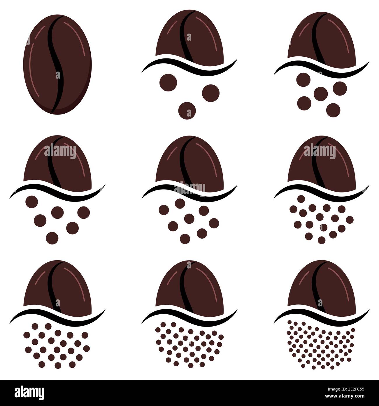 Coffee grind size chart grains icon set isolated on white background