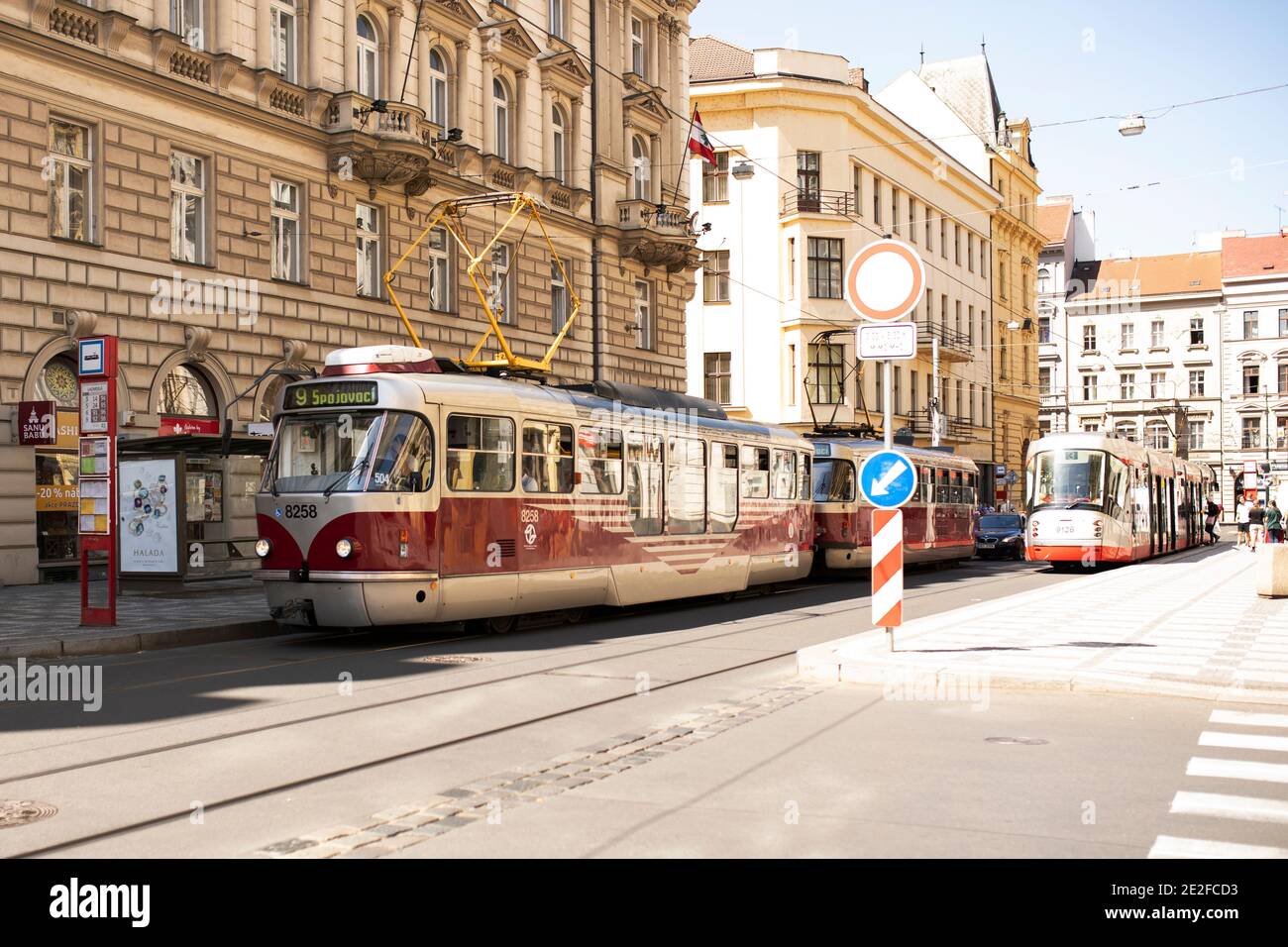 A number 9 vintage-style tram at the stop on Lazarska in the new town (Nove Mesto) of Prague, Czechia. Stock Photo