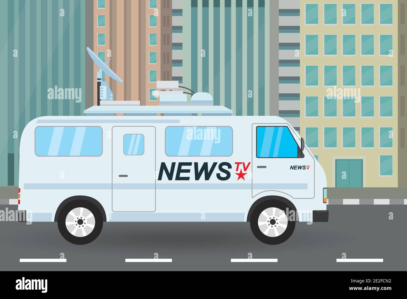 Modern news truck on city road, mobile broadcasting vehicle,flat vector illustration Stock Vector