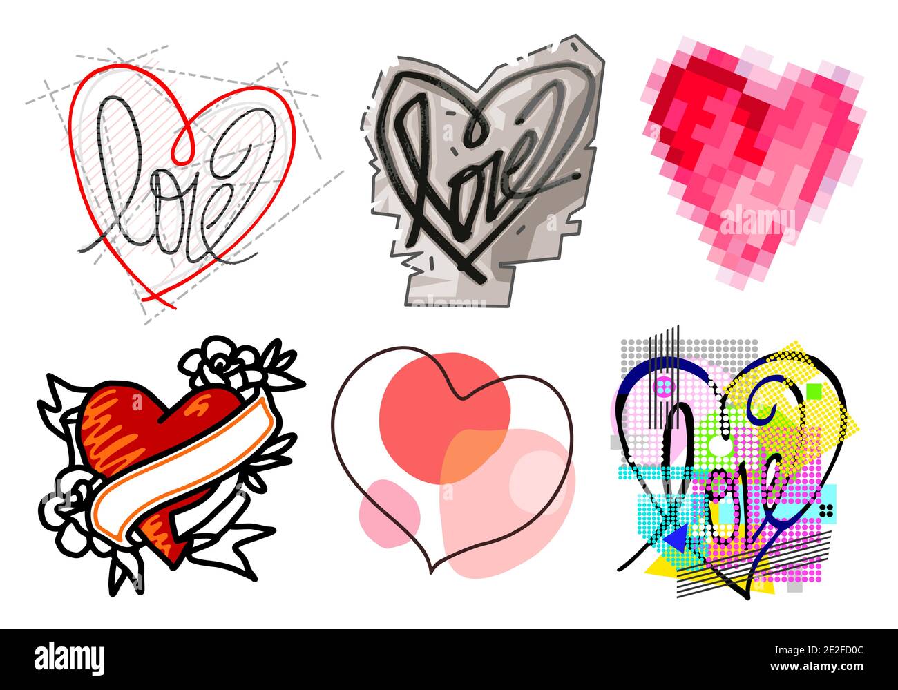 Six Hand drawn different Graphic Style colored Hearts - set 2 Stock Vector