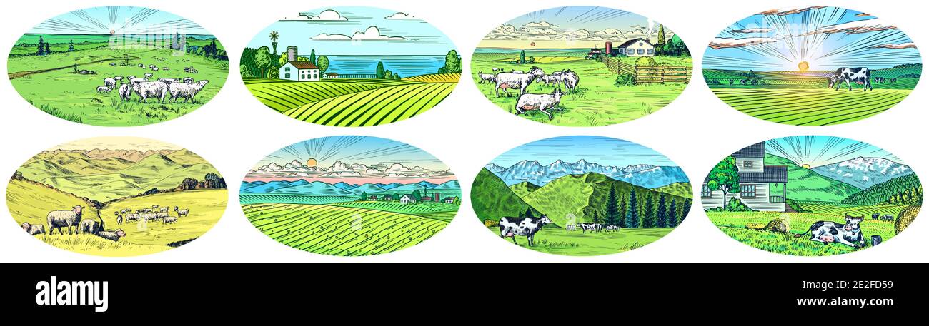 Rural meadow set. A village landscape with cows, goats and lamb, hills ...