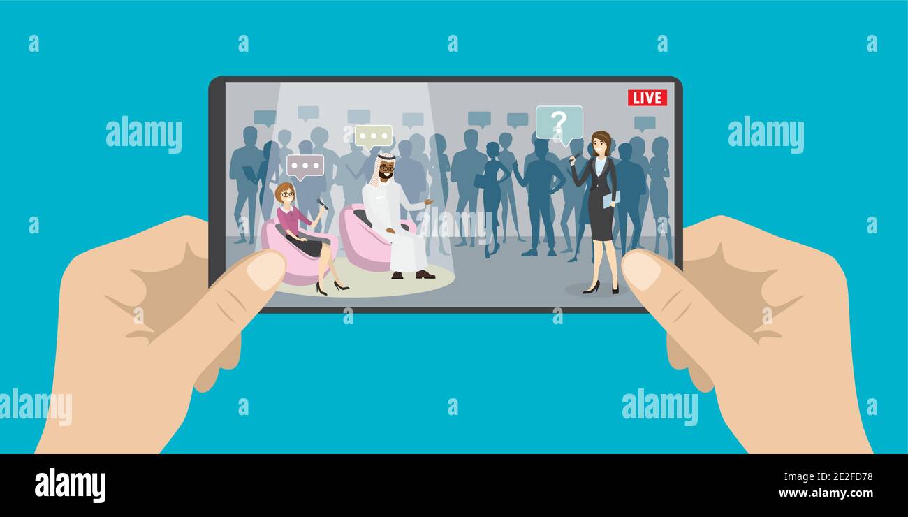 Hand holding modern smartphone,tv show program on screen,tv or video application,flat vector illustration Stock Vector