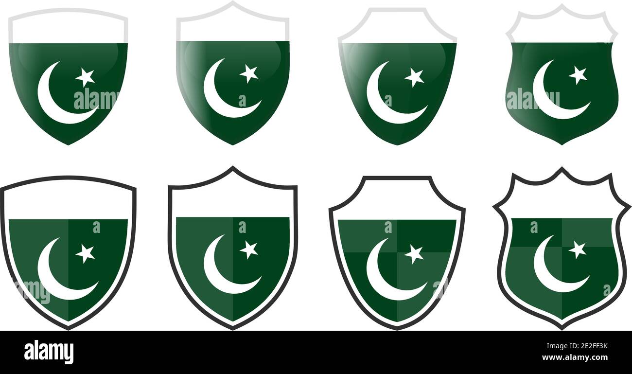 Vertical Pakistan flag in shield shape, four 3d and simple versions. Pakistani icon / sign Stock Vector