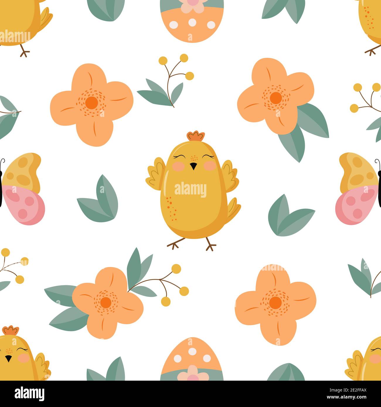 Seamless pattern - chickens, butterfly, easter egg Stock Vector