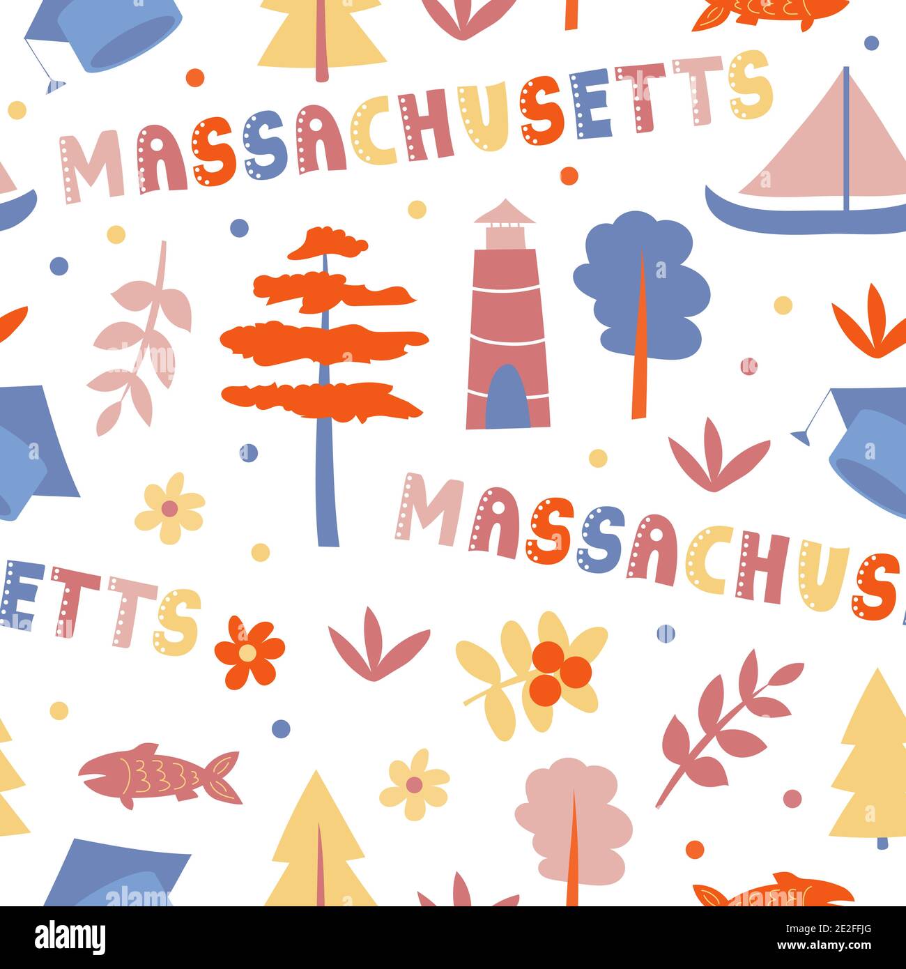 USA collection. Vector illustration of Massachusetts theme. State Symbols - seamless pattern Stock Vector