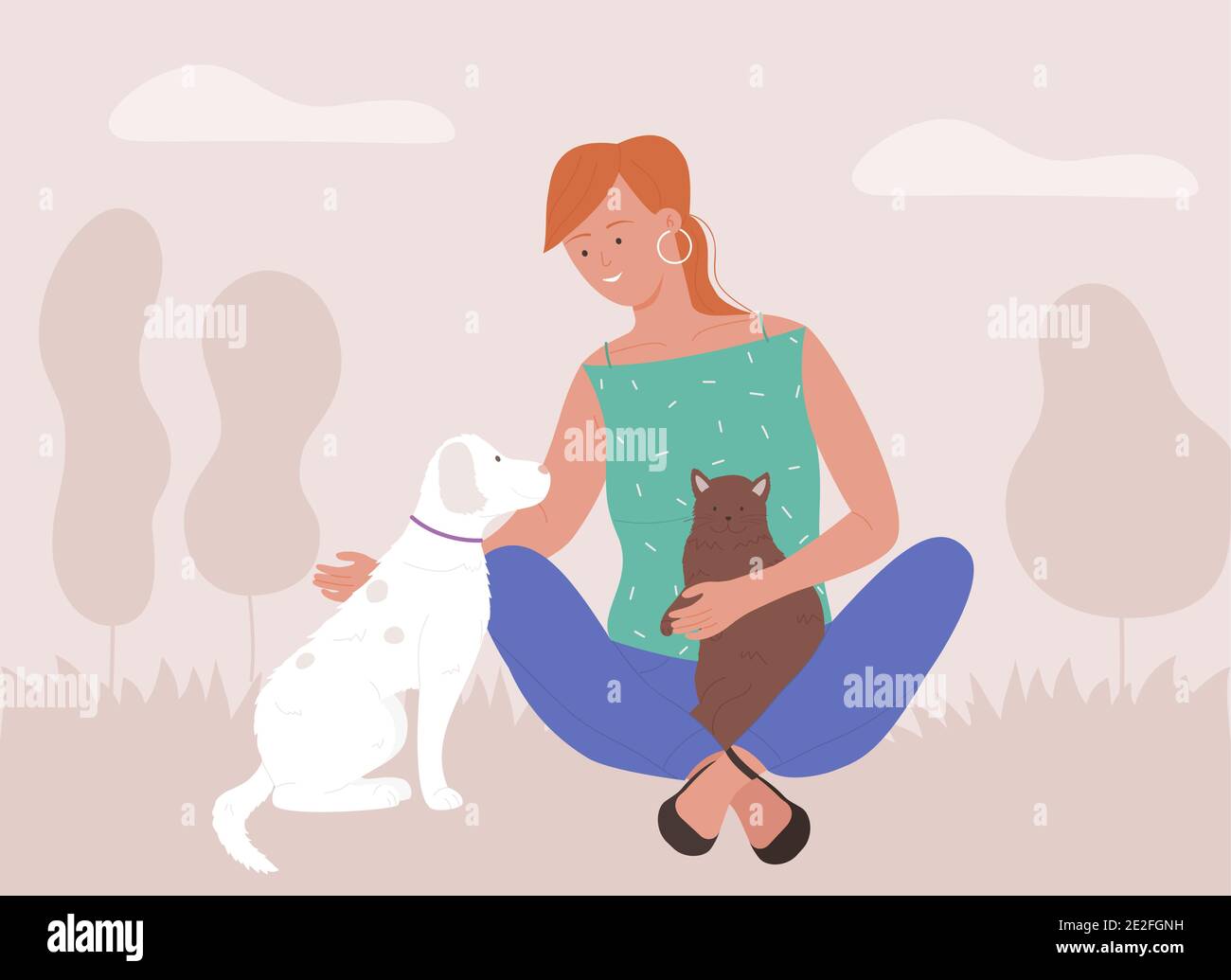 Woman spend time with pets vector illustration. Cartoon young happy pet owner love and paly with own dog and cat, loving domestic animal friends Stock Vector