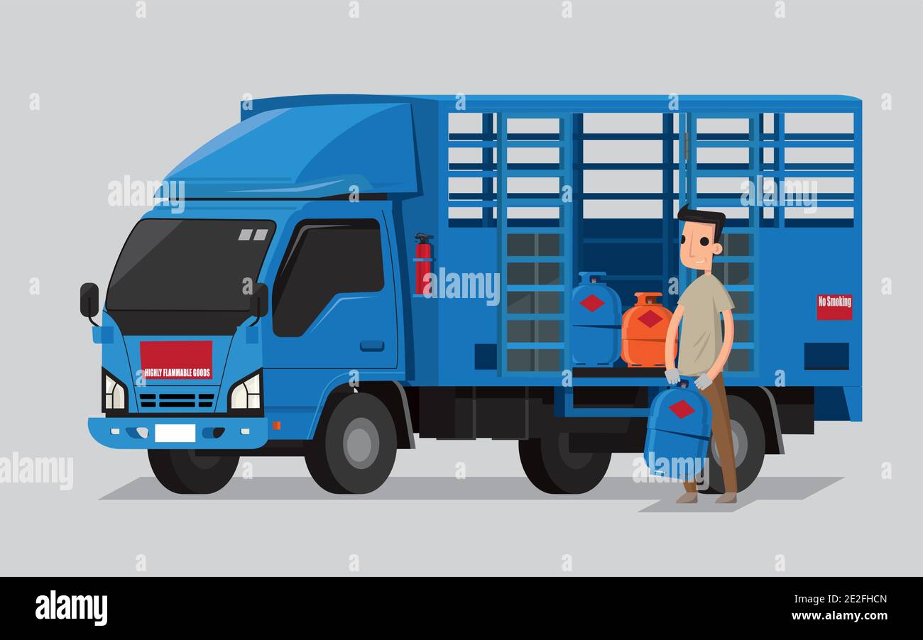 Liquefied petroleum gas cylinders delivery lorry and deliveryman in