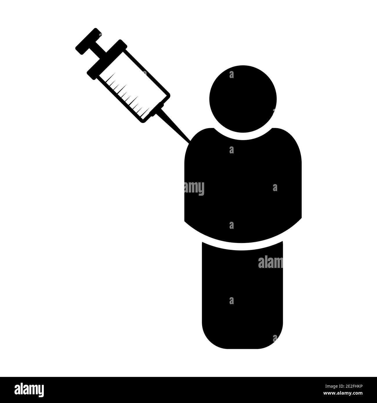 Vaccination symbol. Human body icon with syringe contains vaccine against covid-19. Coronavirus protection shot. Black vector shape isolated on white Stock Vector