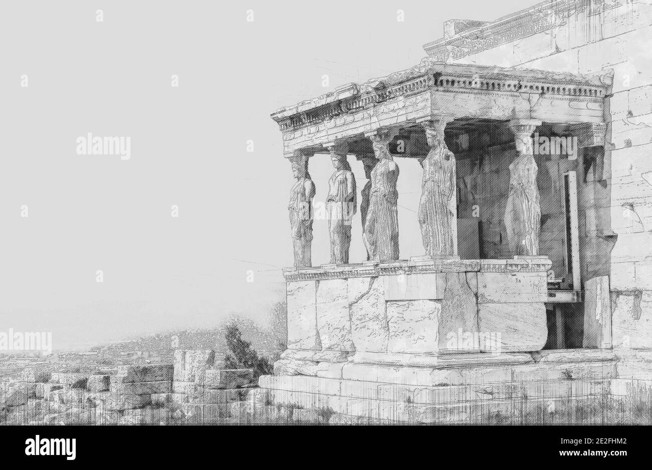 Black and white Ancient Sites ruins of ancient temple on Acropolis hill, Greece. Watercolor splash with hand drawn sketch Stock Photo