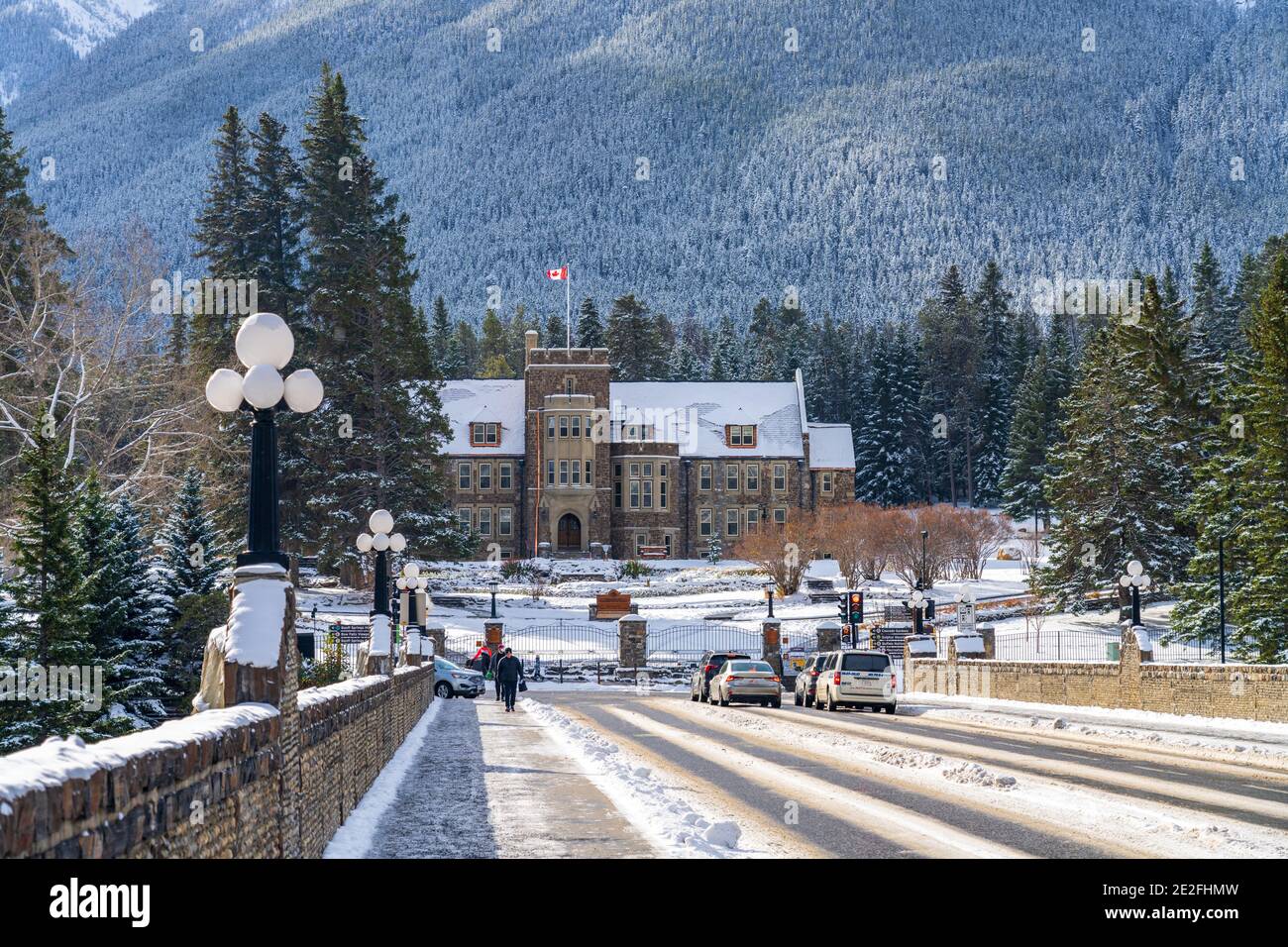 Cascade of Time Garden in snowy winter day. At the end of downtown Banff Avenue. Stock Photo