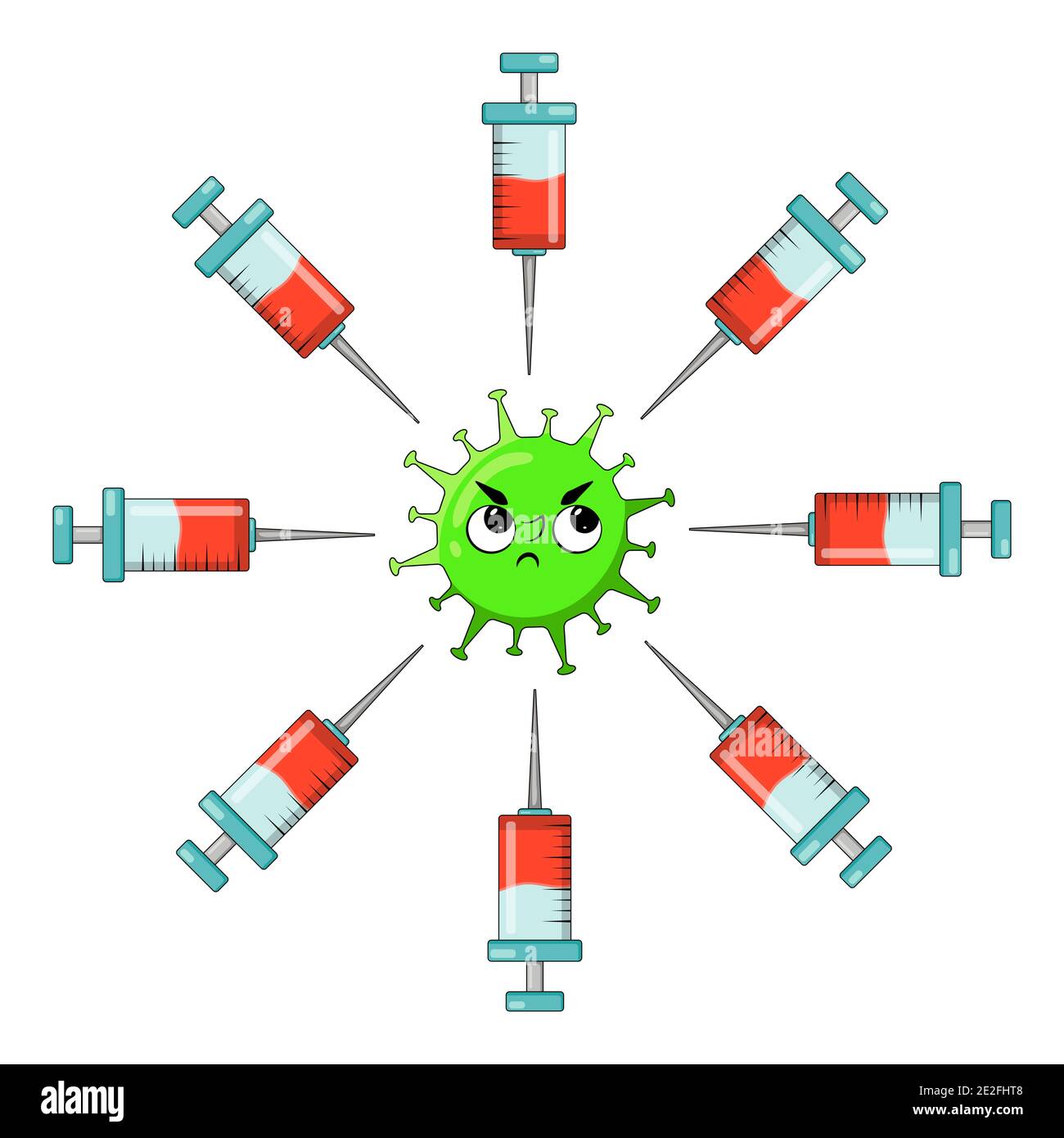 Covid-19 vaccination shot cartoon symbol. Vector illustration isolated on white background. Stock Vector