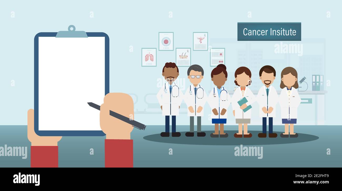Blank screen notepad in cancer institute with group of doctors flat design vector illustration Stock Vector