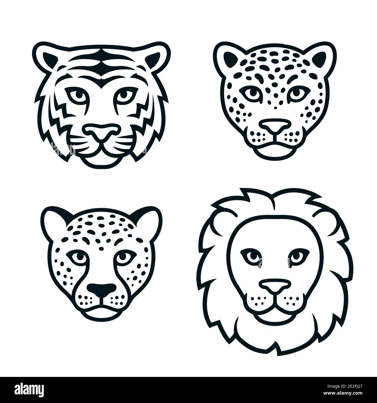 Big wild cats face set, black and white logo. Lion, tiger, leopard, cheetah heads. Isolated vector clip art illustration. Stock Vector