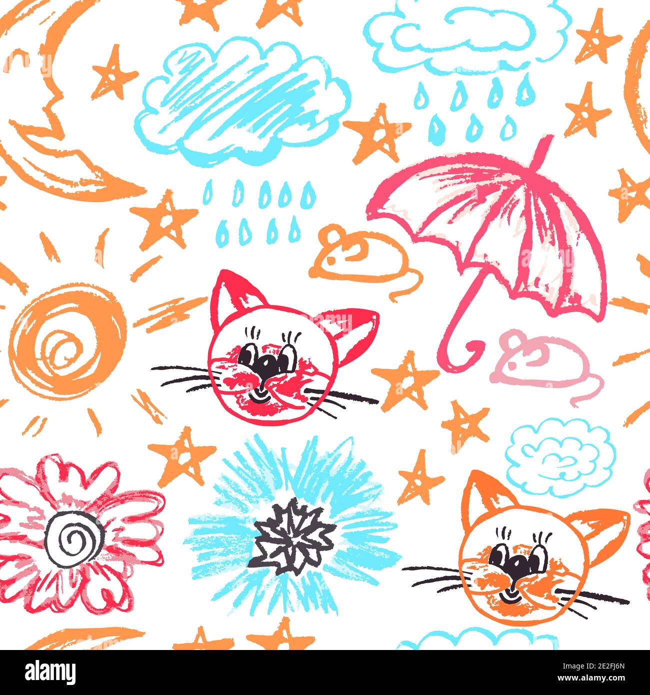 Seamless drawing. Colored wax crayons. Icons, signs, symbols, pins. Clouds, rain, moon, stars, umbrella, mouse, cat, flowers Stock Vector