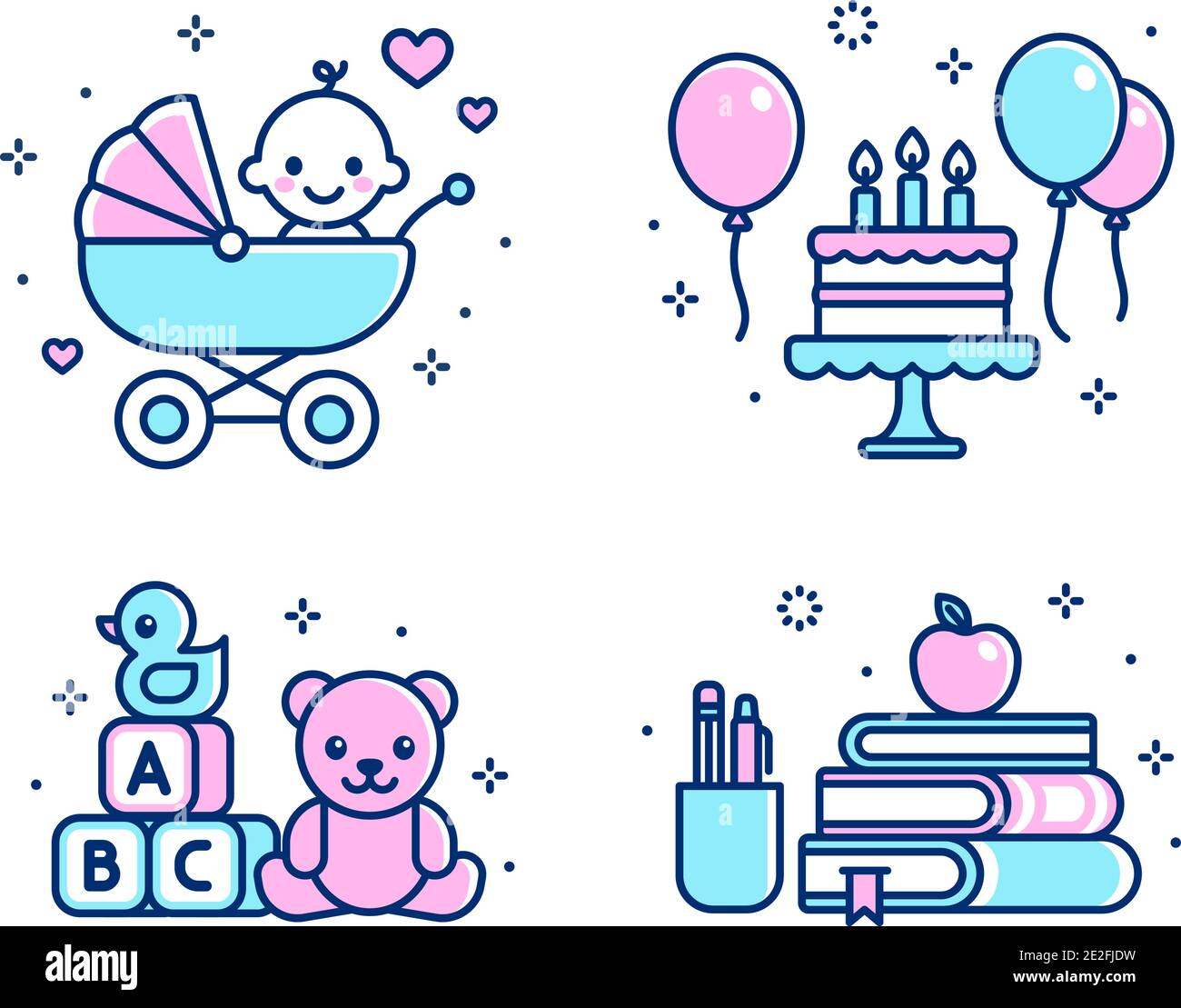 Childhood icon set. Baby in stroller, birthday cake, toys, school supplies. Simple cartoon line icons, isolated vector illustration. Stock Vector