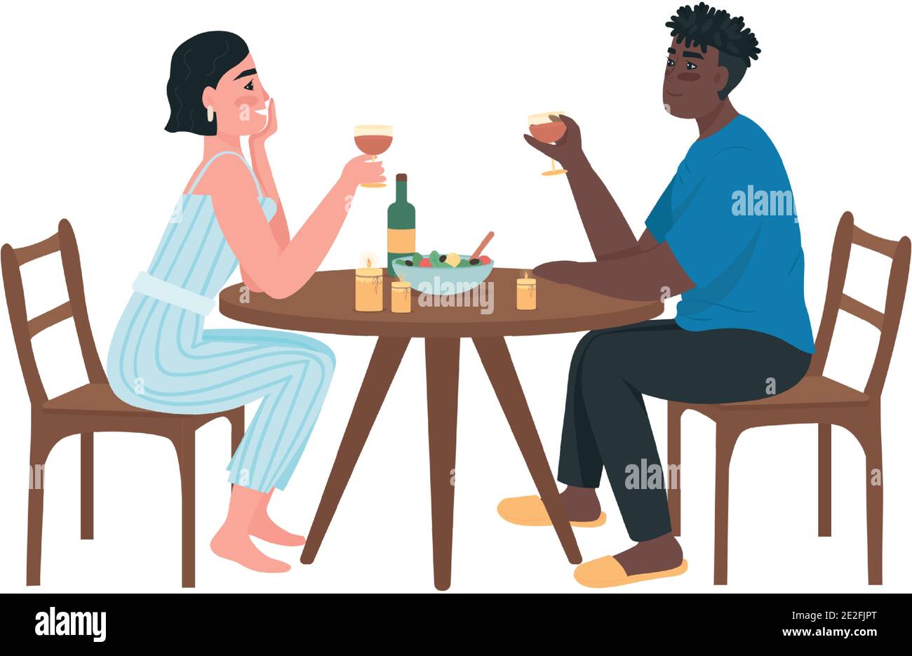 Interracial couple on romantic date flat color vector faceless characters Stock Vector