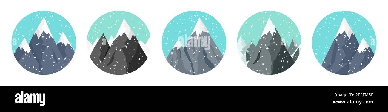 Set of snowy mountains in flat style. Winter rocky mountain landscape. Outdoor travel and tourism, hiking. Climbing on mountain peak. Vector Stock Vector