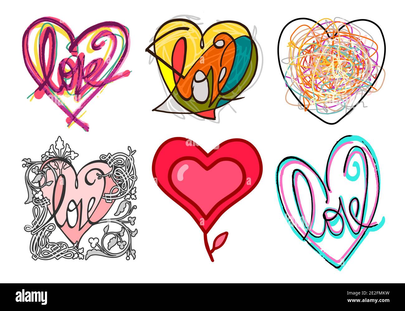 Six Hand drawn different Graphic Style colored Hearts - set 3 Stock Vector