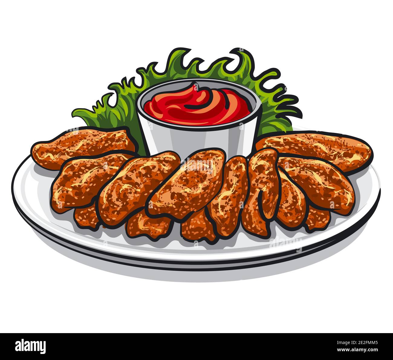 roasted barbecued chicken wings with sauce and lettuce on the plate Stock Vector