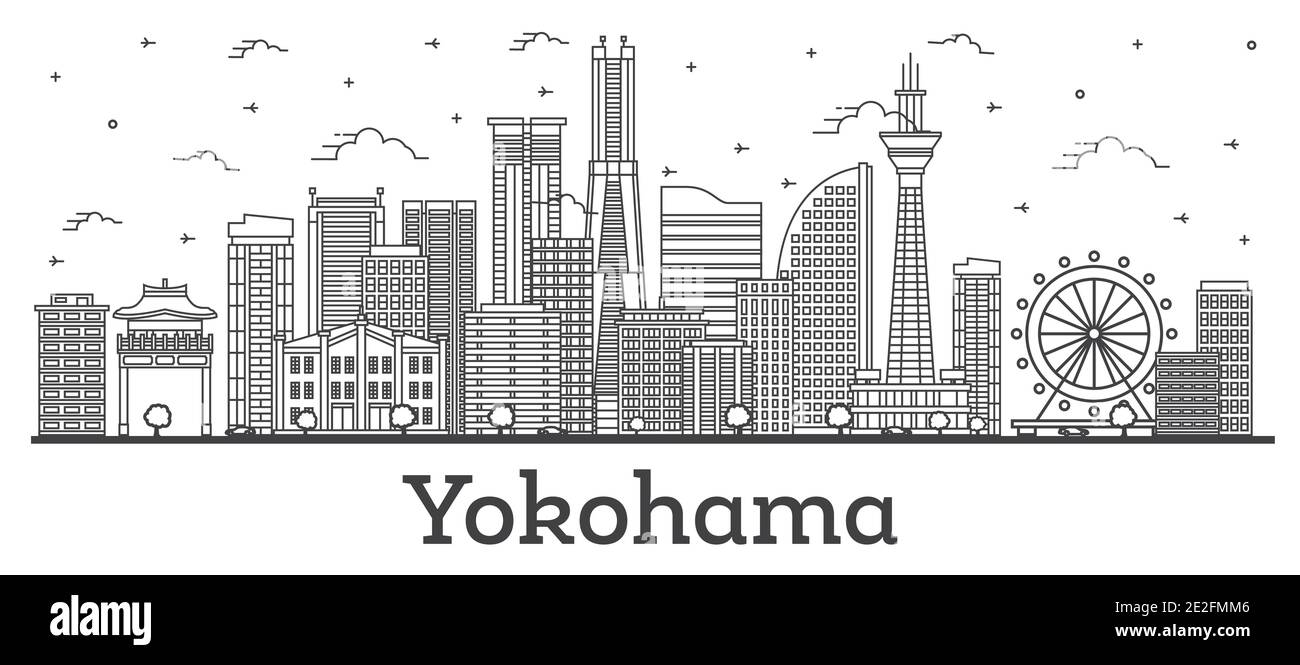 Outline Yokohama Japan City Skyline with Modern Buildings Isolated on White. Vector Illustration. Yokohama Cityscape with Landmarks. Stock Vector