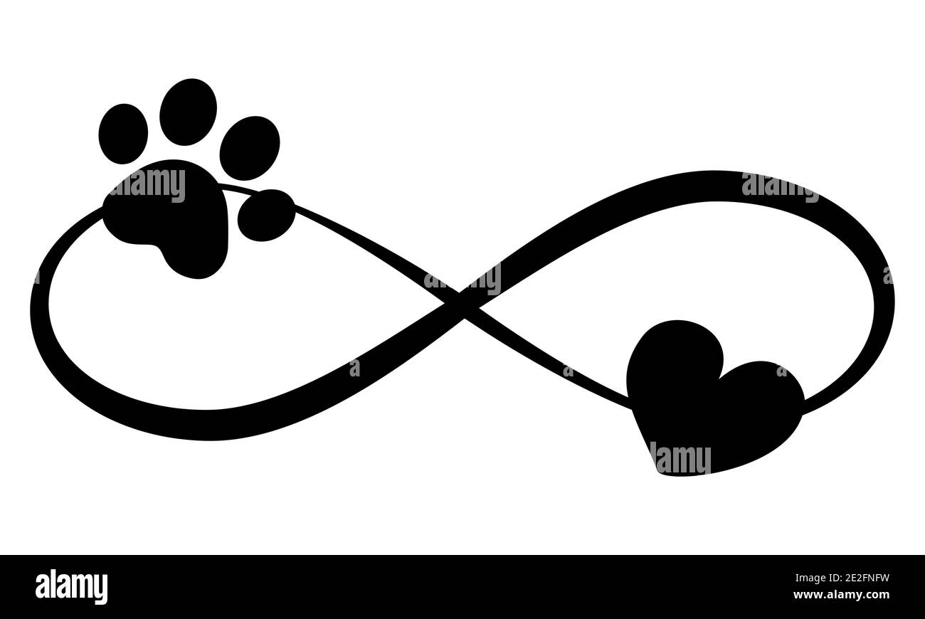 Dog or cat paw prints and heart - in infinity shape - lovely tattoo, ink. Lovely heart with paw print and heart inside infinity symbol. Modern design Stock Vector