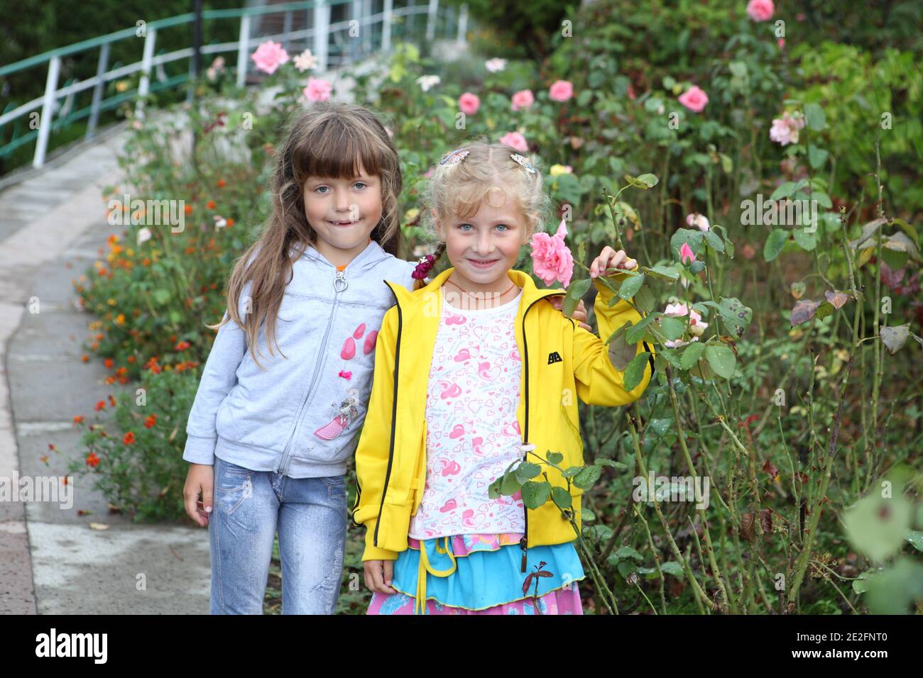 Two little girls in the park are walking and laughing Stock Photo - Alamy