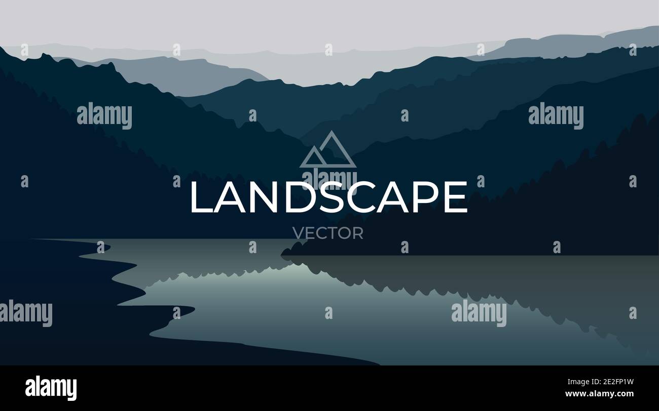 Vector landscape with silhouettes of mountains and water. Mountain lake ...