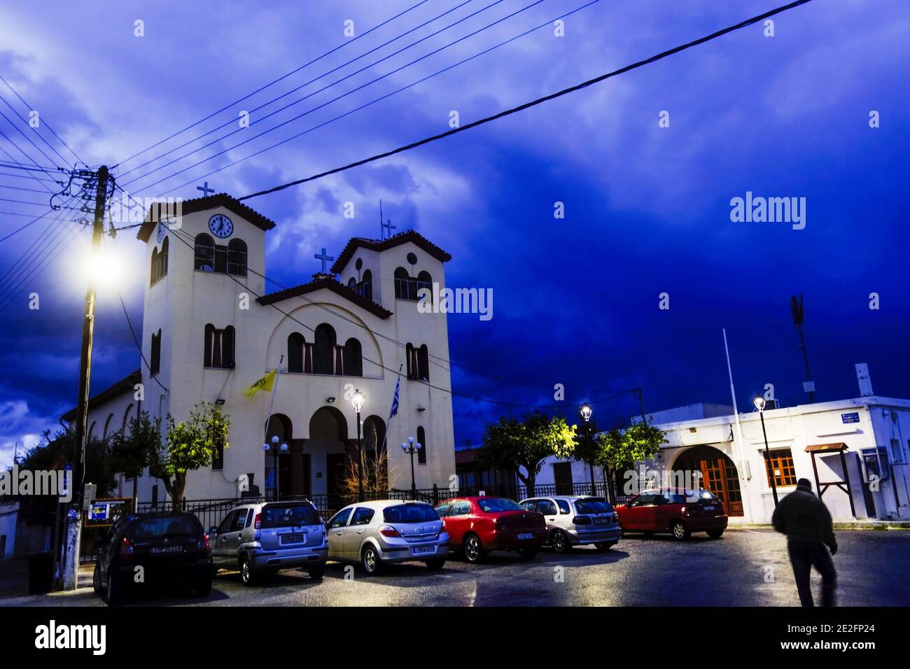Early Morning Winter Sky, Galatas Village Square, Crete, Greece Stock Photo
