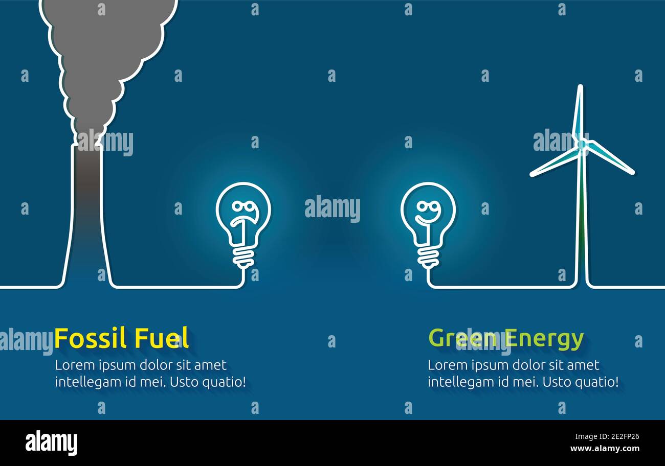 infographic design of advantages of renewable resources and green energy VS polluting fossil fuels Stock Vector